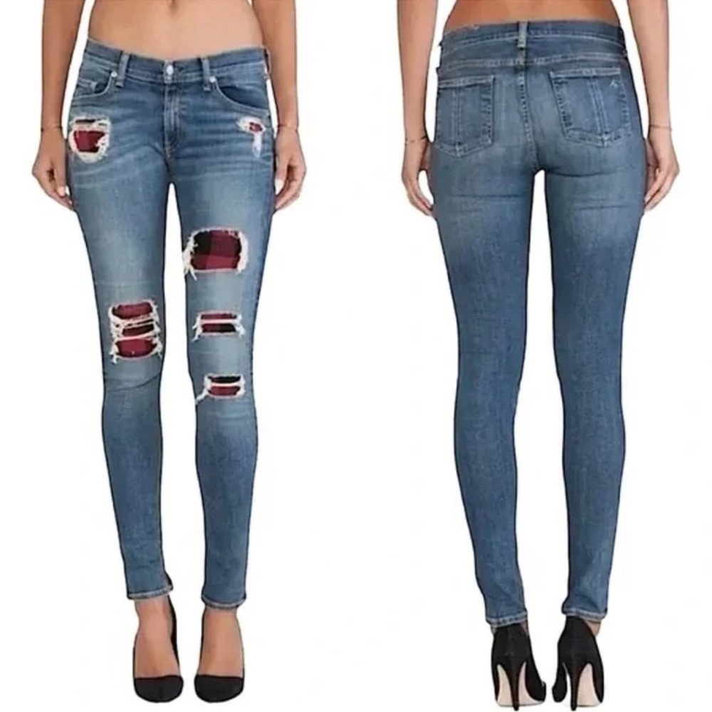 rag & bone Blue Skinny Jeans Distressed Stretch plaid tartan